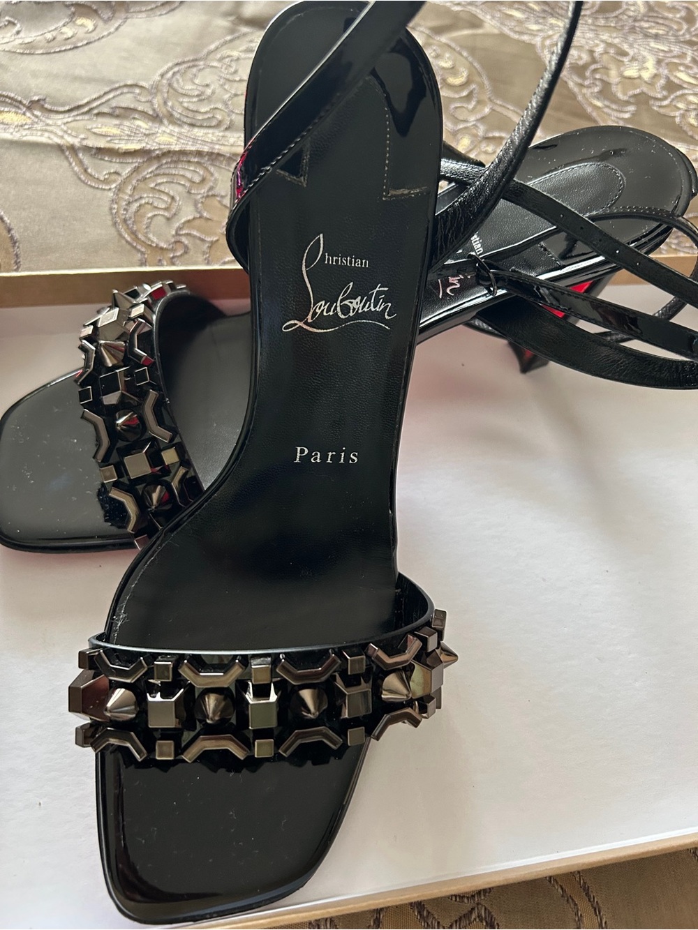 Christian Louboutin Black Patent Leather Studded Strappy Sandals